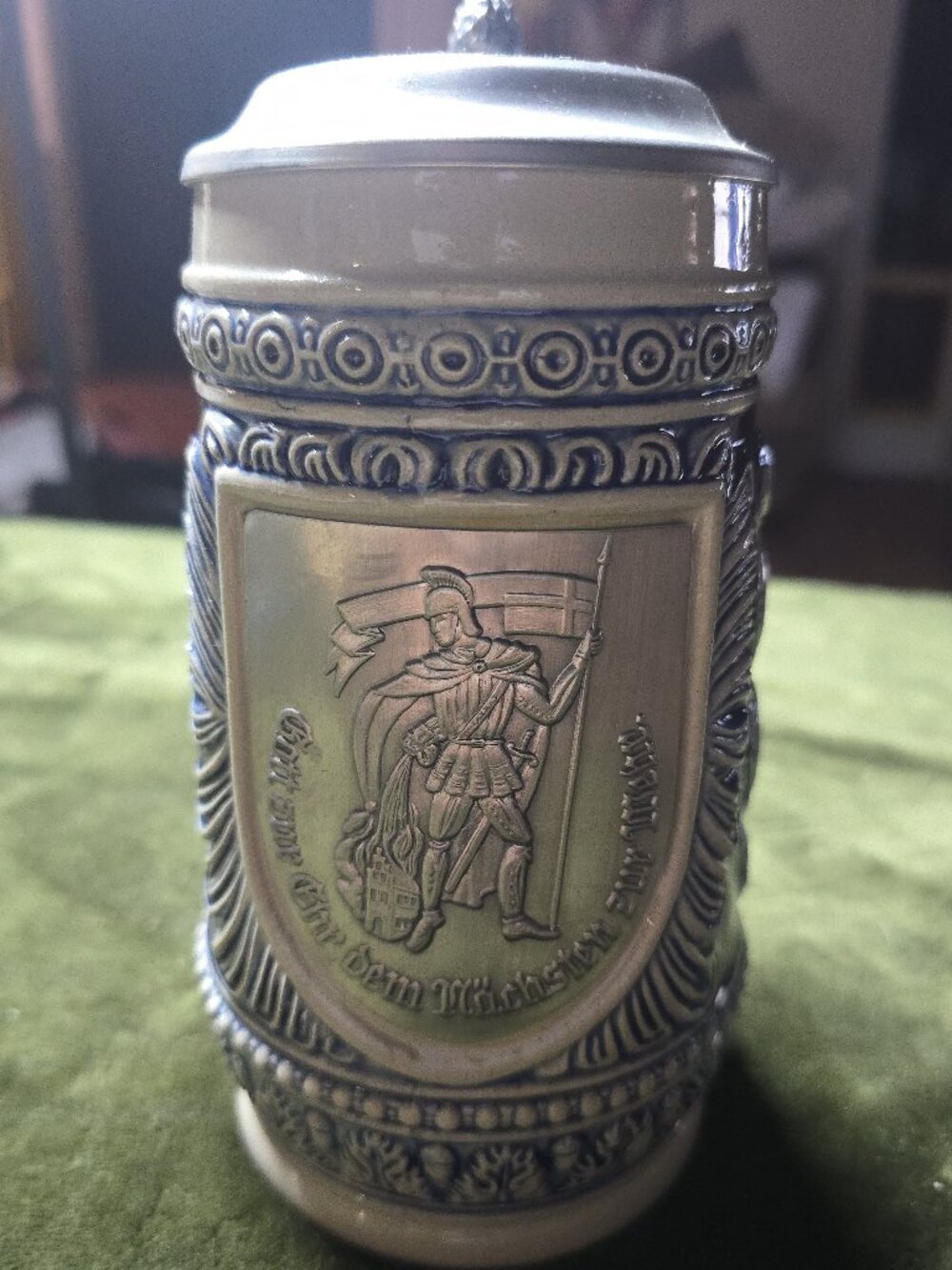 Vintage German Salt Glaze Beer Stein Cobalt Blue Knight Pewter Lid